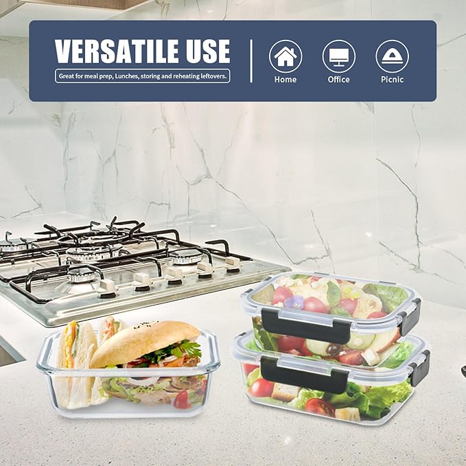 6 Pack Glass Meal Prep Containers, Food Storage Containers, Airtight Bento Boxes with Leak Proof Lids, Freezer to Microwave Safe