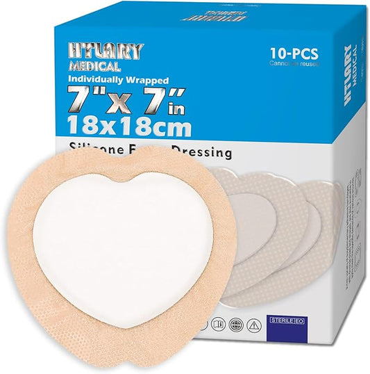 10 Pack Silicone Adhesive Sacral Foam Dressing 7x7 Inches Waterproof Breathable Wound Pads for Bed Sores Pressure Ulcer Care Absorbent Skin Friendly Medical Bandages
