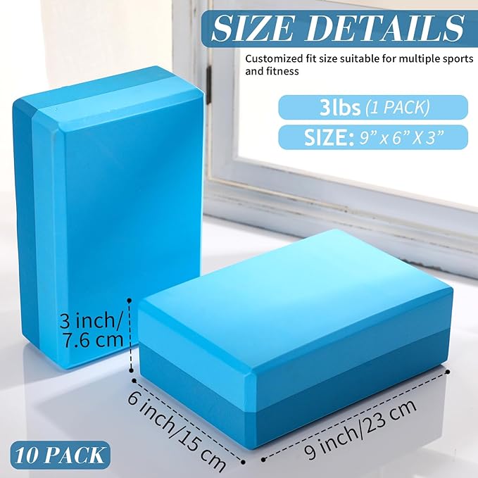 Liliful 10 Pcs Yoga Blocks Bulk Eva Foam Exercise Yoga Brick Soft Non Slip Surface Foam Blocks High Density Yoga Accessories for Workout Stability Balance Deepen Stretches Pilates 9''x6''x3''(Blue)