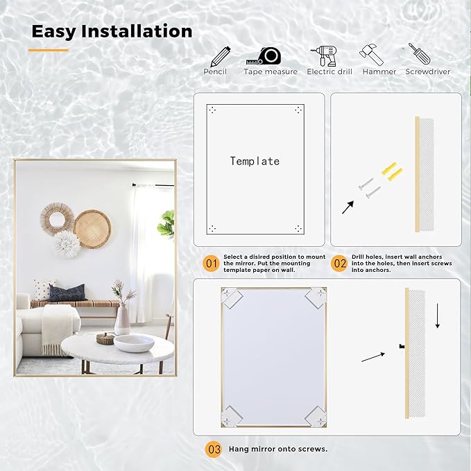 24x30 Inch Brass Bathroom Mirror for Wall, Aluminum Frame Rectangle Rectangular Vanity Mirror, Modern Large for Bedroom, Living Room, Horizontal or Vertical