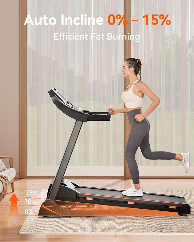 Treadmills for Home, Treadmill with 0-15% Auto Incline, 3HP Folding Treadmills for Running Walking with 300LBS Weight Capacity, Incline Treadmill Equipped with Bluetooth & Pulse Monitor