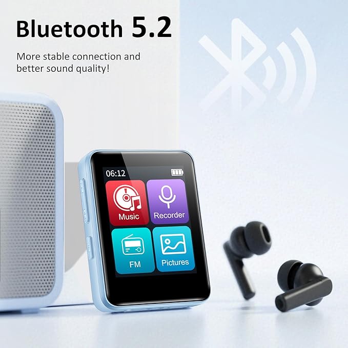 32GB MP3 Player for Kids, 1.8 inch Portable Small Music Bluetooth MP3 Player with Speaker, FM Radio, Voice Recorder, Alarm Clock, Stopwatch, Up to 512GB(Blue)