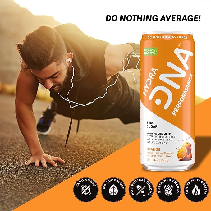 HYDRADNA- Clean Performance Drink, Zero Sugar | For Natural Fuel, Alertness, Boost, Stamina,120 mg Organic Caffeine, Natural Flavors, Zero Sucralose, Clean Ingredients (12 Pack) (12 Pack, Orange)
