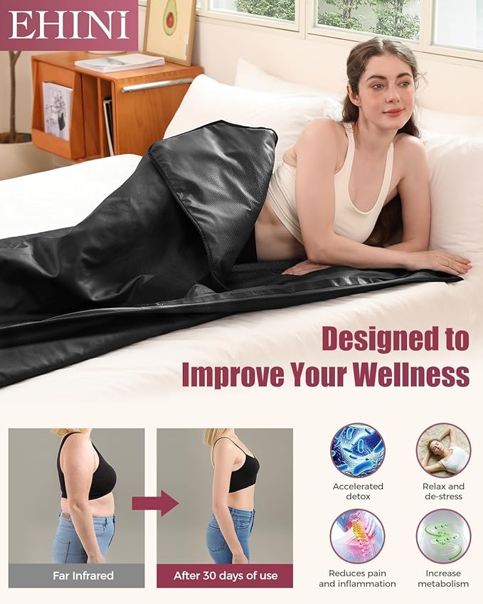 Infrared Sauna Blanket - Portable Far Infrared Sauna for Home Relaxation - PU Sauna Blanket - Infrared Blanket Sauna with 77–176 °F Temp Range（Pure Black）