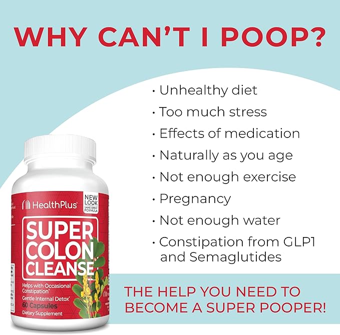 Health Plus Super Colon Cleanse, 12 oz Powder, 68 Servings - Natural Detox, Digestive Constipation Relief, Gentle Gut Cleanse with Psyllium Husk & Senna Leaf