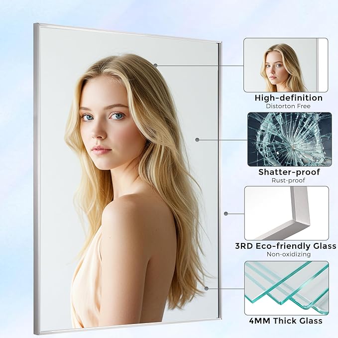 20x36 Inch Nickel Bathroom Mirror for Wall, Aluminum Frame Rectangle Rectangular Vanity Mirror, Modern Large for Bedroom, Living Room, Horizontal or Vertical