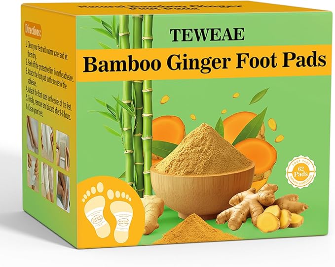 62 Pads Foot Pads -with Pure Natural Turmeric & Ginger, Wormwood, Bamboo Vinegar, Bigger Adhesive Pad Ginger Foot Pads