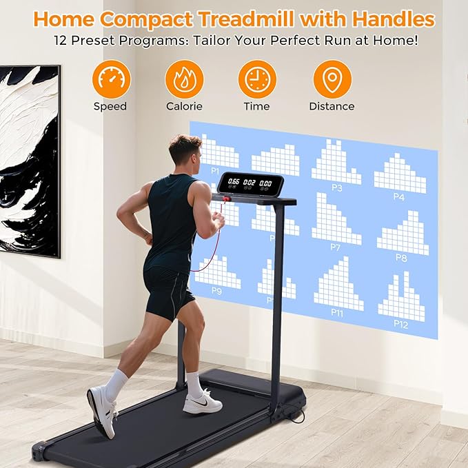 Folding Walking Pad Treadmill with Handle Bar, 3.5HP Compact Portable Foldable Walking Pads Treadmill with Handles, Electric Small Treadmills for Home Office Apartment, LED Display, 400 LBS Capacity