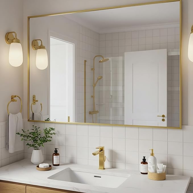 24x40 Inch Brass Bathroom Mirror for Wall, Aluminum Frame Rectangle Rectangular Vanity Mirror, Modern Large for Bedroom, Living Room, Horizontal or Vertical