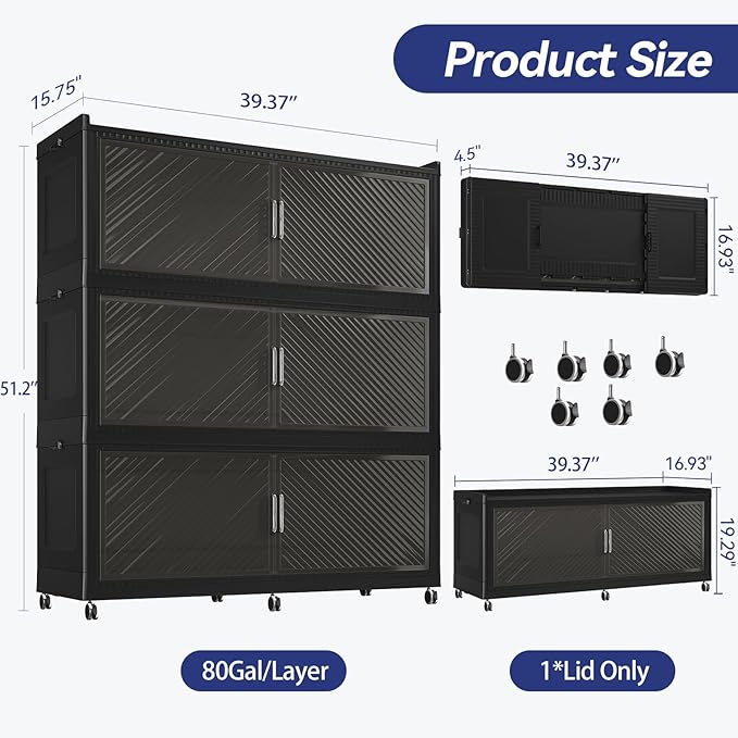 240GAL Extra Large Stackable Storage Bins with Lid, 960QT Plastic Closet Organizer and Storage Cabinet with Wheels and Doors, Folding Storage Box Container for Home Organization, 3Pack Black