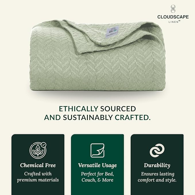 Herringbone Cotton Twin Blanket for Couch, Bed,Sofa, Home Decor, Soft, Lightweight, All-Season Bed Blanket, 68 x92, Seafoam Green