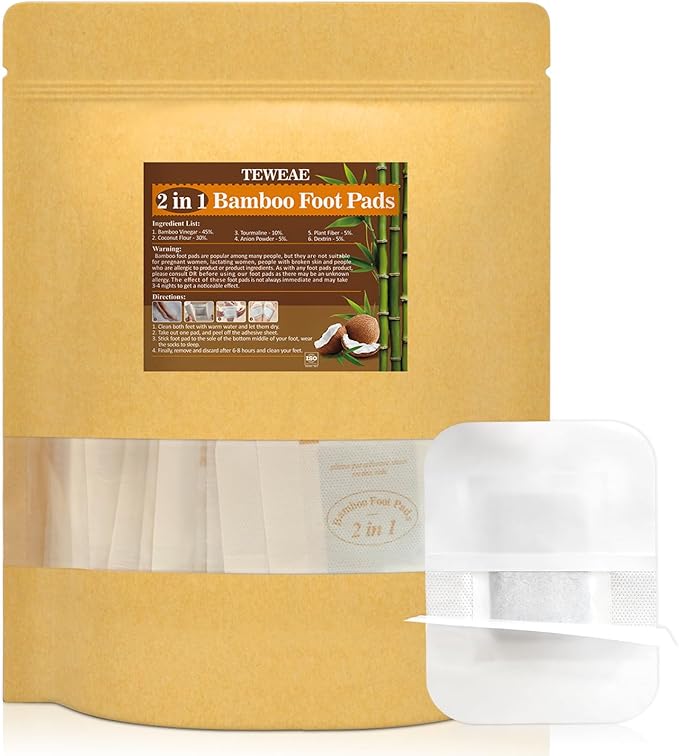 2 in 1 Foot Pads, 124 Pads Bamboo Vinegar Coconut Shell Powder Foot Pads with ''Stay in Place'' Bigger Adhesive Sheet