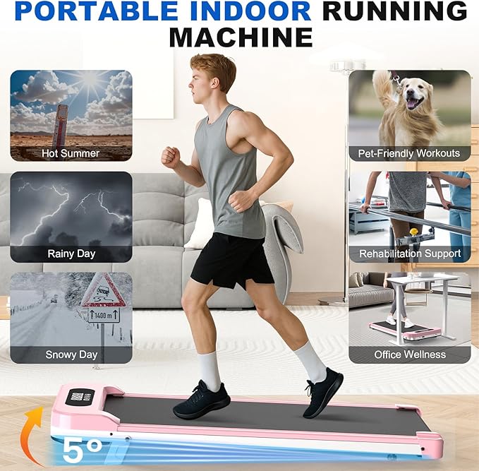 Incline Walking Pad with Handle Bar, Folding Treadmill Foldable Portable Under Desk for Home Office, Ultra Quiet <45dB, Safety Lock, 300+ LB Capacity