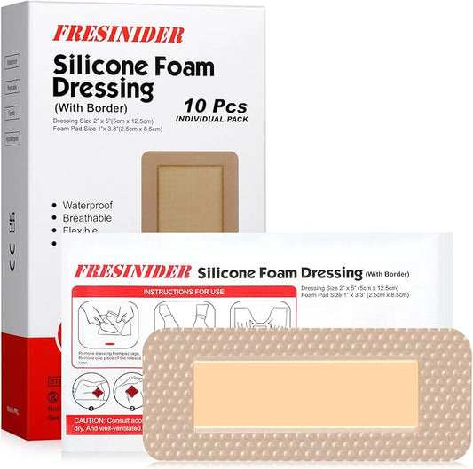 2" x 5" Pack of 10 Silicone Foam Wound Dressing - Waterproof Adhesive Bandages with Bordered - Super Absorbent & Breathable for Optimal Wound Care