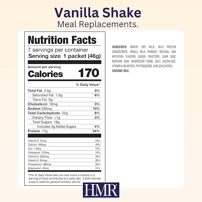 3-Pack HMR 800 Shake Meal Replacement Mix | Vanilla Shake Powder to Support Healthy Weight Loss | 17g of Protein | Easy to Make | Low Calorie Food | Triple Pack, 21 Single Serves