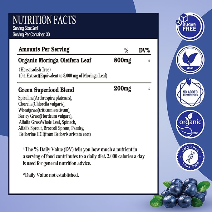 2 Pack Raw Moringa Liquid Drops 8000 mg, Organic Moringa Oleifera Leaf Extract w. Supergreens Wheatgrass, Barley Grass for Antioxidant, Energy & Immune, High Potency Than Capsules Powder