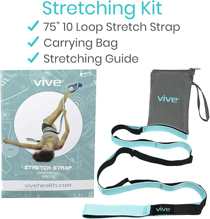 Vive Stretch Strap (75" - 10 Loops) - Leg Stretch Band to Improve Flexibility - Stretching Out Yoga Strap - Exercise and Physical Therapy Belt for Rehab, Pilates and Gymnastics with Guide Book