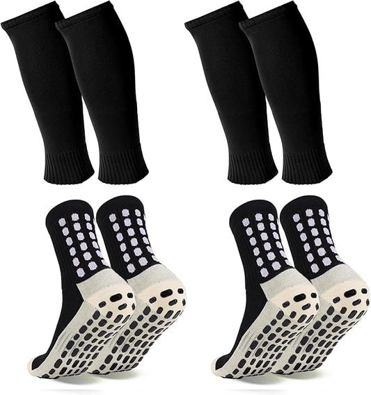 2 Set Grip Soccer Socks and Shin Guard Sleeves Non Slip Soccer Sleeve Socks for Men Women