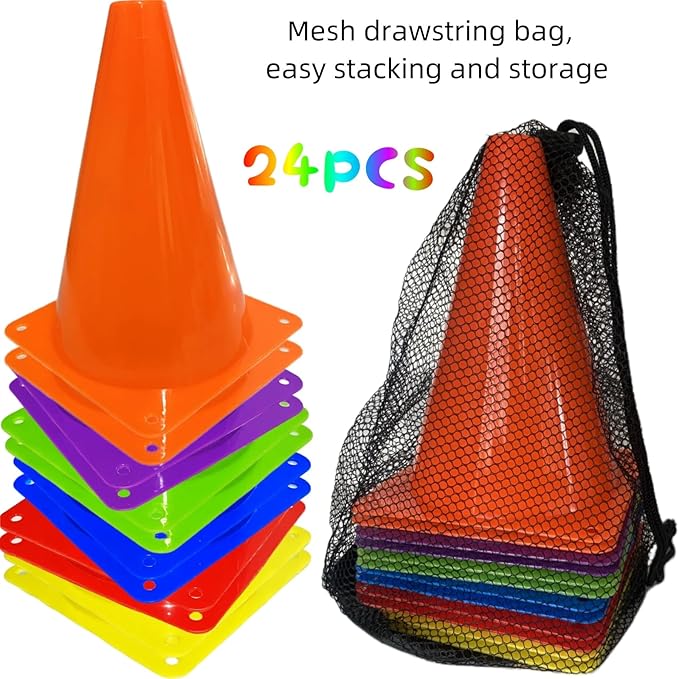 24 Pcs 7 Inch Plastic Traffic Cones, Basketball Football Drills, Skating, Sport Training Agility Markers, Indoor Outdoor Games, Multicolor
