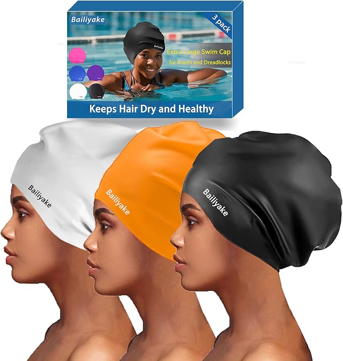3 Pack Extra Large Swim Cap for Braids & Dreadlocks - Waterproof Silicone Swim Hat for Women with Long Thick Hair, Protective Swim Cap Cover Ears for Swimming, Shower, Bathing