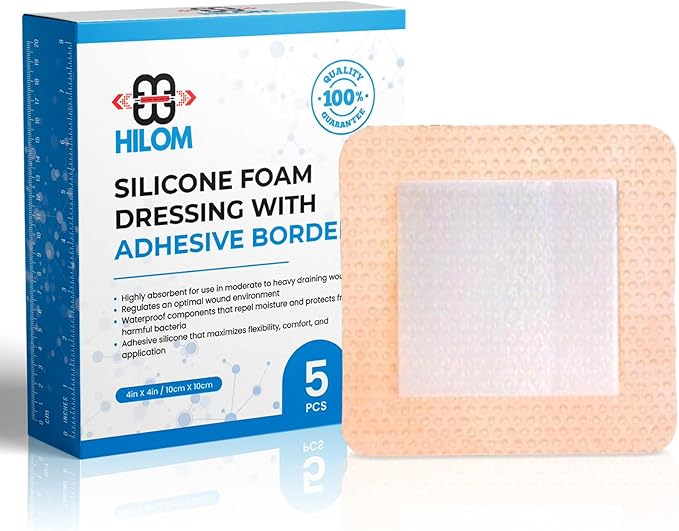 Hilom Silicone Foam Dressing with Adhesive Border 4 in x 4 in (5 Pack) Waterproof Dressing | Moist to Heavily Draining Wounds Including Pressure Ulcer, Burns, or Lacerations | Latex Free…
