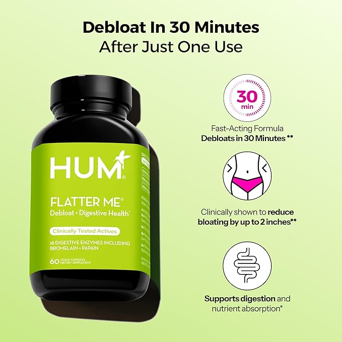 HUM Flatter Me Digestive Enzymes Bloating Supplement - Fast-Acting Bloat Relief for Digestive Health & Debloating Multi Enzyme | Bloat Pills, Anti Bloat Pills, Vegan 60 Servings