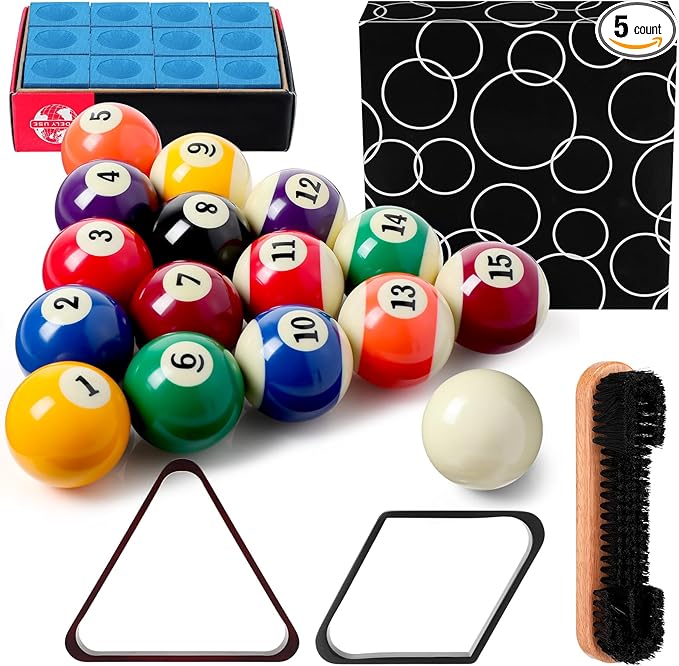 31 Pcs Billiard Accessory Kit Billiard Pool Table Balls with Triangle and Diamond Ball Holder Cue Chalks Pool Table Brush Set