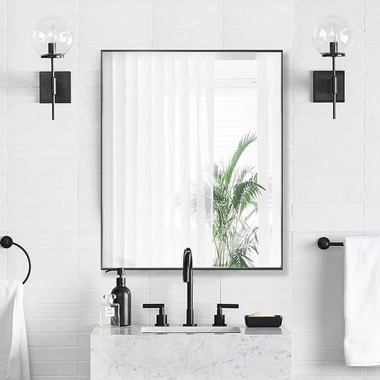 24x30 Inch Black Bathroom Mirror for Wall, Aluminum Frame Rectangle Rectangular Vanity Mirror, Modern Large for Bedroom, Living Room, Horizontal or Vertical