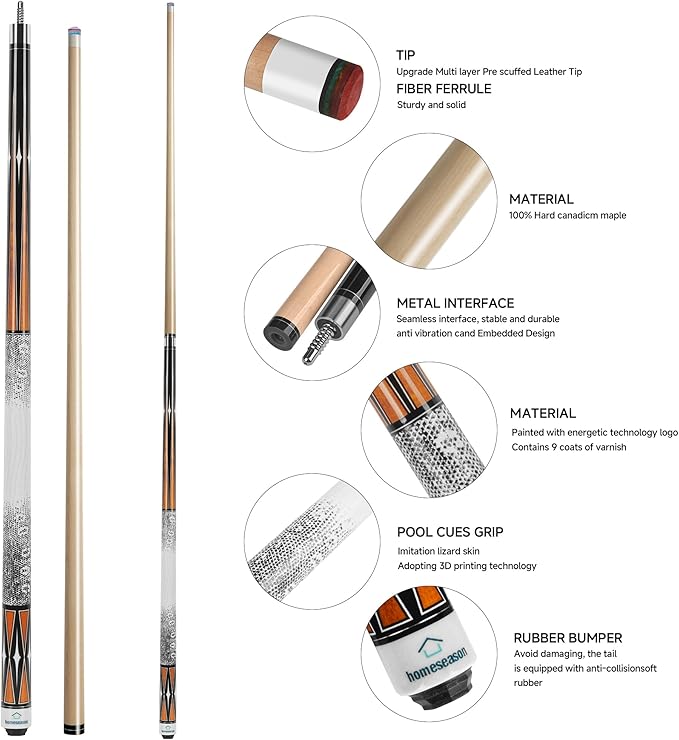 HomeSeason Pool Cue Stick 58" Billiard Cue Sticks 3D Printed Grip Professional Low Deflection Pool Sticks Maple Wood Pool Sticks 13mm Tip