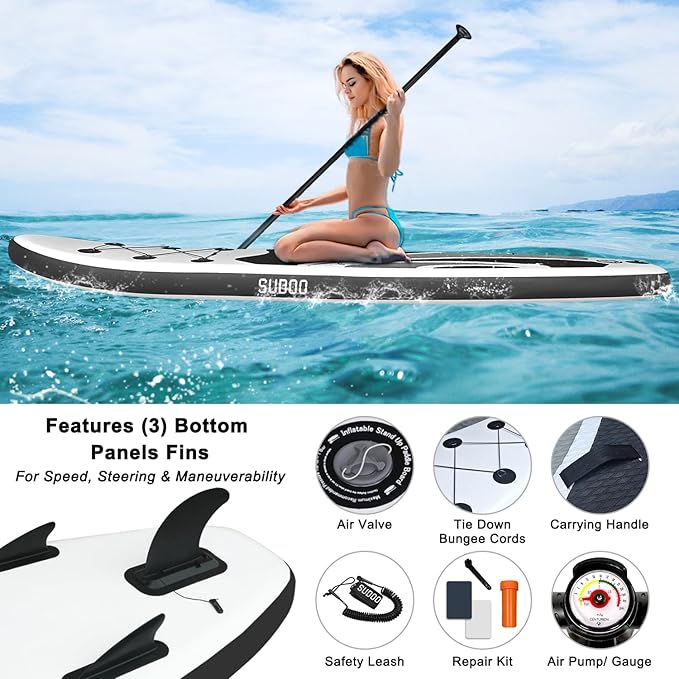 Inflatable Stand Up Paddle Board 10‘x30‘‘- Ultra-Light SUP with Backpack, Pump, Paddle, Coil Leash, 3 Fins, Repair Kit, Stable Design, Non-Slip EVA Deck for Adults & Youth