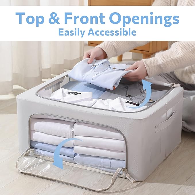 3Pack Frame Storage Box - Clothes Storage Bin Bags Oxford Fabric Foldable Stackable Container Organizer Set with Clear Window & Carry Handles (Grey, Medium-44L)