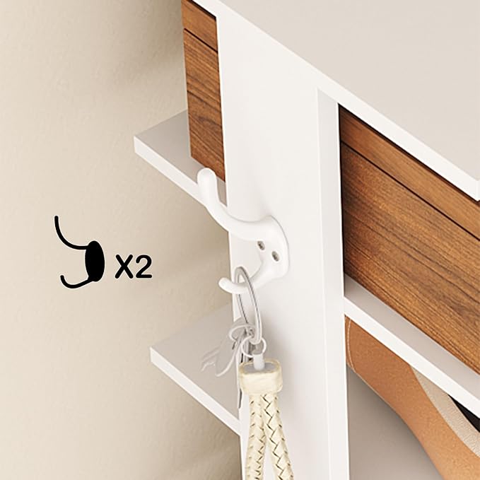 HOMEFORT 10-Tier Vertical Shoe Rack, Corner Shoe Tower, Slim Shoe Organizer with Two Hanging Hooks, Wooden Shoe Storage Stand for Entryway, Hallway, Closet (White)