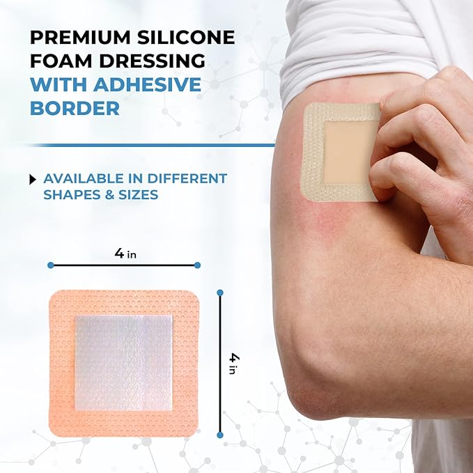 Hilom Silicone Foam Dressing with Adhesive Border 4 in x 4 in (10 Pack) Waterproof Dressing | Moist to Heavily Draining Wounds Including Pressure Ulcer, Burns, or Lacerations | Latex Free