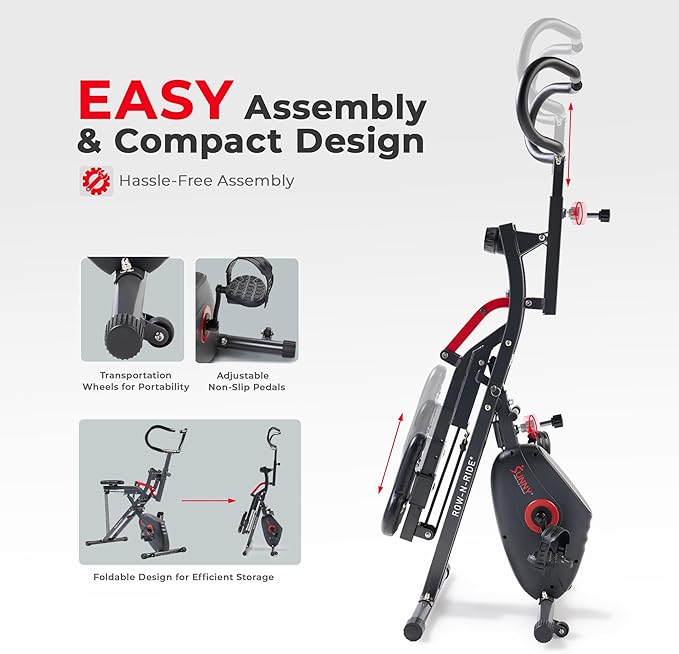 Sunny Health & Fitness Row-N-Ride PRO, Full Body Combo Squat Machine w/Optional Resistance Band, Easy Setup Ab Workout Exercise Equipment for Home, Whole Body Cardio, Optional SunnyFit App Connection