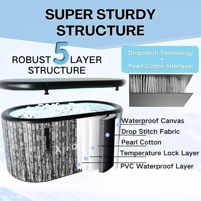Inflatable Cold Plunge Tub, 216 - Gallon Large Ice Tub for Recovery, Durable & Portable with Water Chiller Compatibility, Gym and Training Use (Grey)