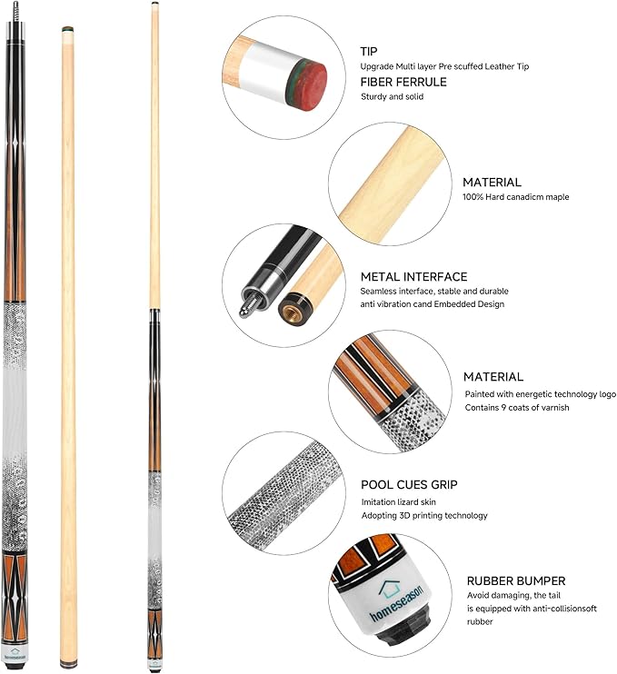 HomeSeason Pool Cue Stick 58" Billiard Cue Sticks 3D Printed Grip Professional Low Deflection Pool Sticks Maple Wood Pool Sticks 13mm Tip