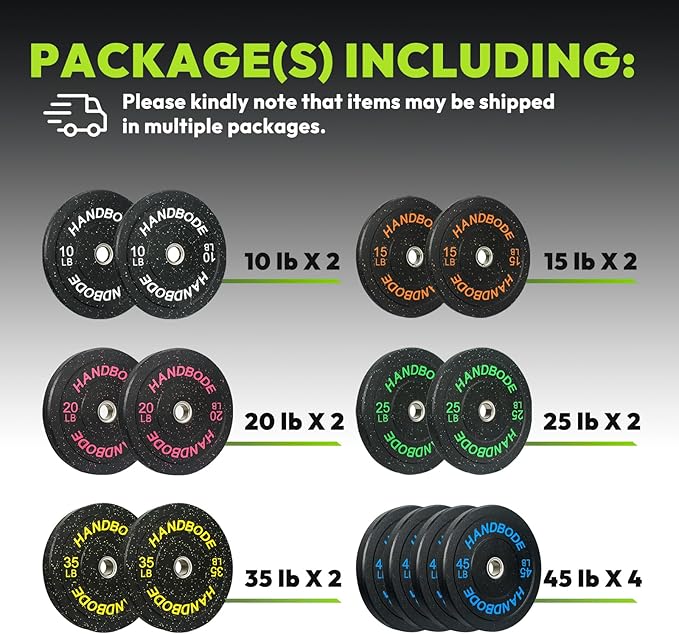 2-Inch Bumper Plates High Bounce, Olympic Weight Plate Set 45/100/160/190/260/300lb, Barbell Weight Plates Set for Home Gym, Colored Weights Rubber Strength Training Plate for Weight Lifting