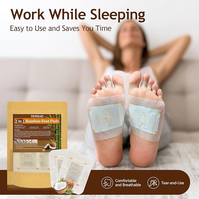 2 in 1 Foot Pads, 24Pads Bamboo Vinegar Coconut Shell Powder Feet Pads with ''Stay in Place'' Bigger Adhesive Sheet
