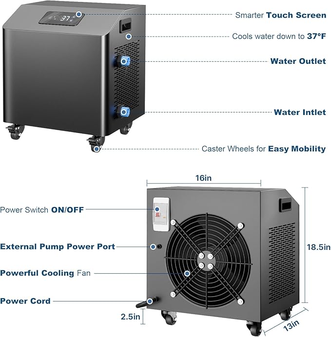 Ice Bath Water Chiller for Cold Plunge Tubs, 1HP Upgraded Cold Plunge Chiller with External Filter & Pump, Submersible Pump, Insulated Hoses, 110V Cooling Chiller for for Cold Therapy Recovery