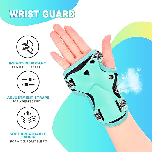 2PM SPORTS Knee Pads for Kids, Wrist Guards Knee and Elbow Pads Set with Drawstring Bag, Protective Gear Set for Girls Boys Roller Skating Cycling Skateboard - Mint Medium