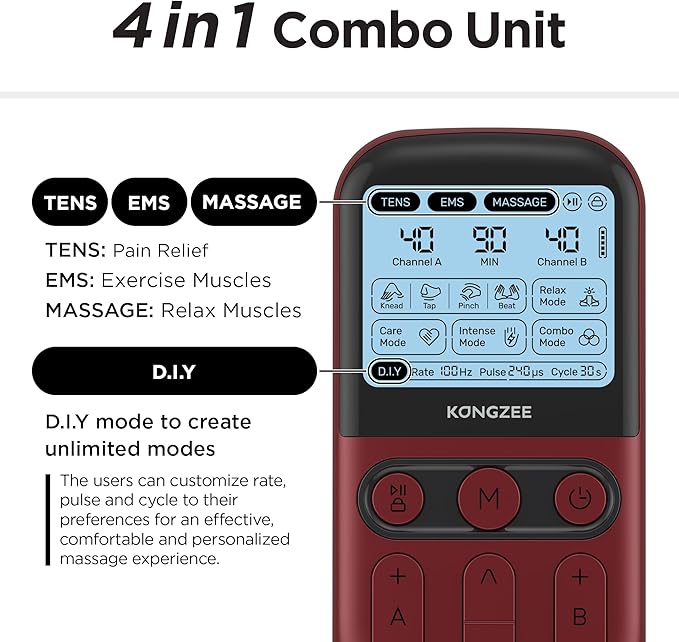 4 in 1 - D.I.Y & Tens Unit & EMS & Massage Muscle Stimulator, Dual Channel TENS Units Therapy Machine for Pain Relief, FDA Cleared Rechargeable Electronic Pulse Massager,with 12pcs Electrode Pads
