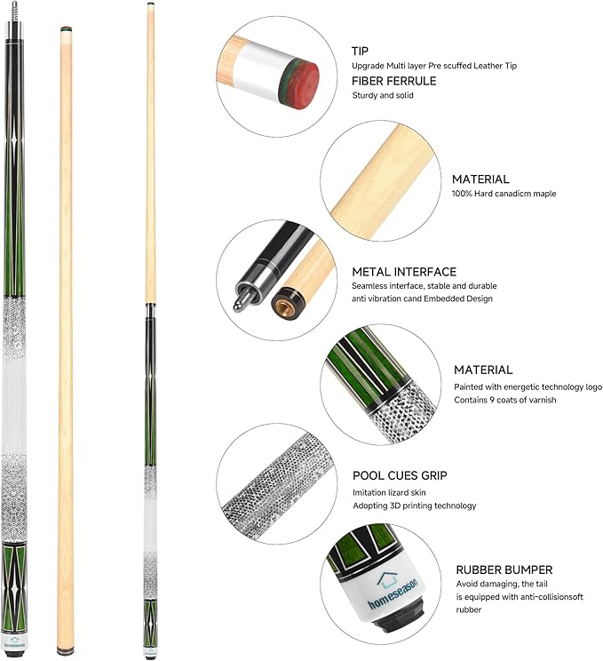 HomeSeason Pool Cue Stick 58" Billiard Cue Sticks 3D Printed Grip Professional Low Deflection Pool Sticks Maple Wood Pool Sticks 13mm Tip