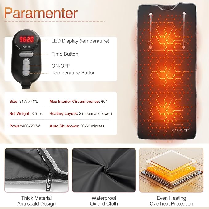 Infrared Sauna Blanket-Sauna Blanket for Home Use, Portable Design for Relaxation and Detoxification Highest 176℉, 20-60 Minutes Timer, 6 ft x 2.65 ft（Black）