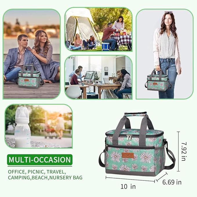 iknoe Large Foldable Cooler Bag, 8.5L Insulated Lunch Bag, Leakproof Lunch Cooler Tote with Multi-Bag Design Suitable for Beach, Picnic and Office Use, Nattier Blue 15-Can