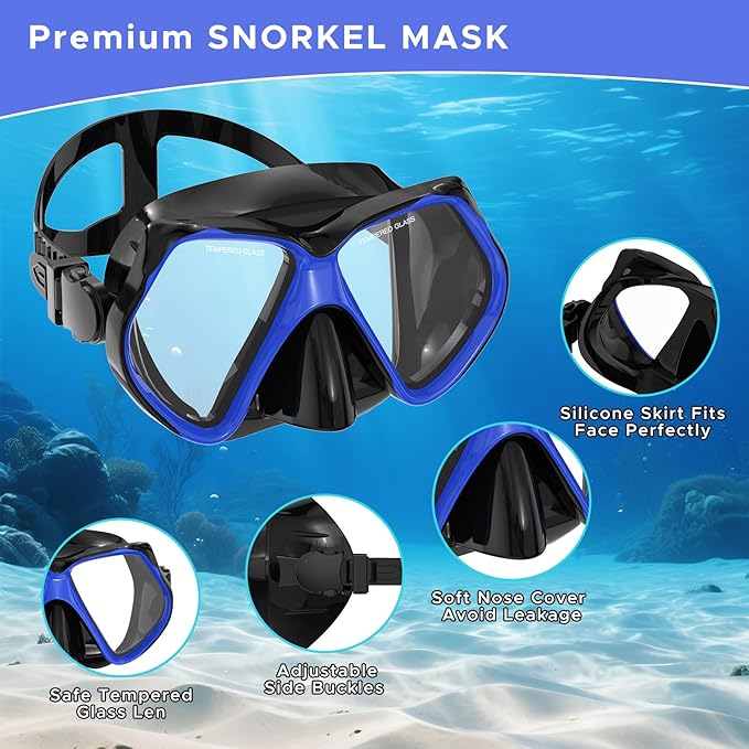 2 Pack Snorkeling Gear for Adults, Dry Snorkel, Mask Set Adult, Diving Scuba Mask, Scuba Gear, Swimming Goggles with Nose Cover, Swim Freediving Tempered Glass Panoramic View Travel Packages