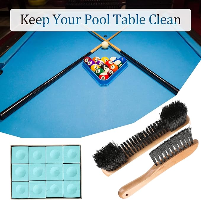 4 Set Billiards Pool Table and Rail Brush Including 12 Pieces Pool Cue Chalk Cubes and 6 Slip-on Pool Cue Tip Replacements Snooker Table Wooden Cleaning Brush Kit Accessories