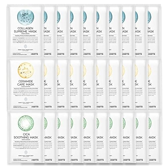 Hydrating Soothing Sheet Masks Gift Set for Skincare, Korean Vegan Sheet Mask for Dry, Sensitive Skin, Calming, Smoothing, Brightening, Collagen, Ceramide, Cica, Hyaluronic Acid 30EA
