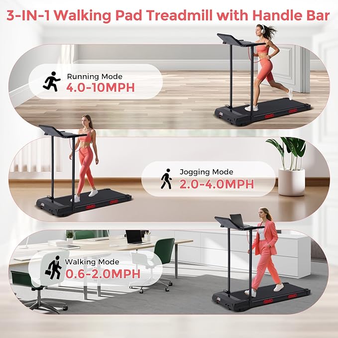 Walking Pad Treadmill with Handle Bar, 3.5HP Compact Electric Walking Pads Treadmills with Handles for Home Apartment Small, 0.6-10MPH Portable Foldable Folding Small Treadmill Home, 400LBS Capacity