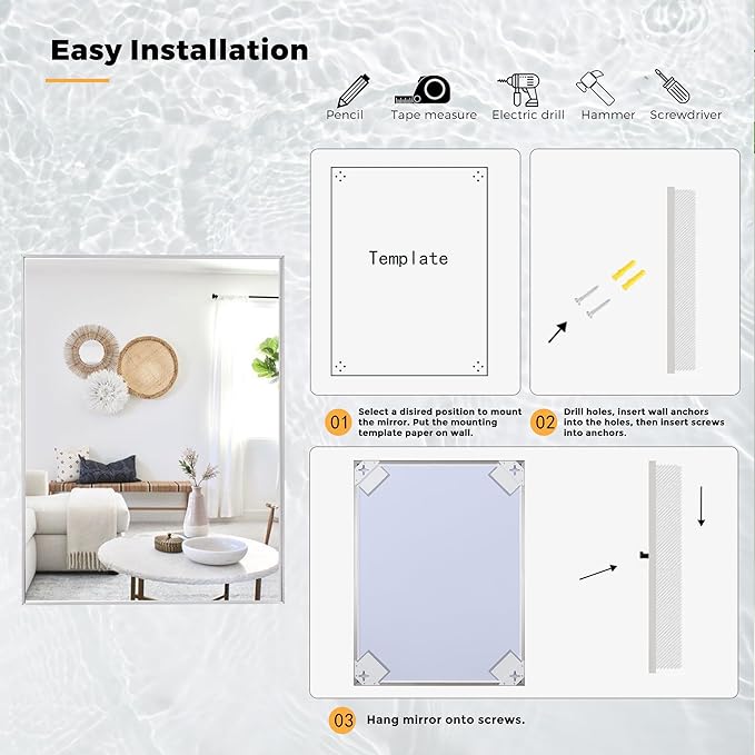 24x32 Inch Nickel Bathroom Mirror for Wall, Aluminum Frame Rectangle Rectangular Vanity Mirror, Modern Large for Bedroom, Living Room, Horizontal or Vertical