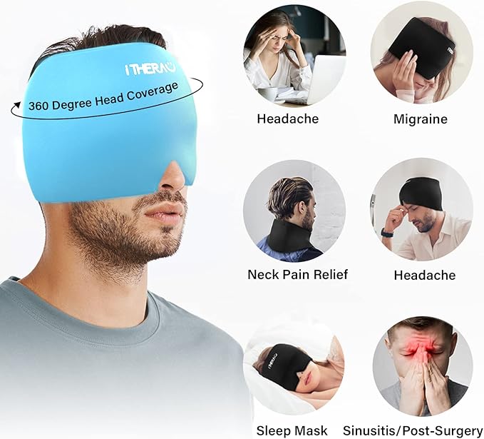 iTHERAU Migraine Relief Cap, Soothing Headache Hat, Gel Ice Pack Head Wrap with Hot and Cold Therapy, Headache Relief Cap for Sinus, Puffy Eyes, Tension and Stress Relief Blue
